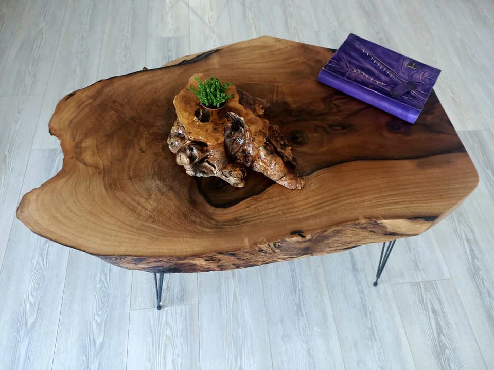 Mesa de centro rústica Live Edge mesa de centro mesa de madera maciza nogal mesa rústica Foto 3 de 4