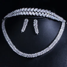 Silver Plated Leaf CZ Zircon Necklace Earrings Tiara Wedding Pageant Jewelry Set