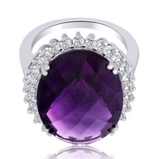 16.12 Ct Round Cut Amethyst  White Topaz 14K White Gold Plated Silver Halo Ring