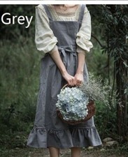 UK Women Cotton Linen Full Apron Pinafore Dress Ruffle Pocket Retro Work Apron