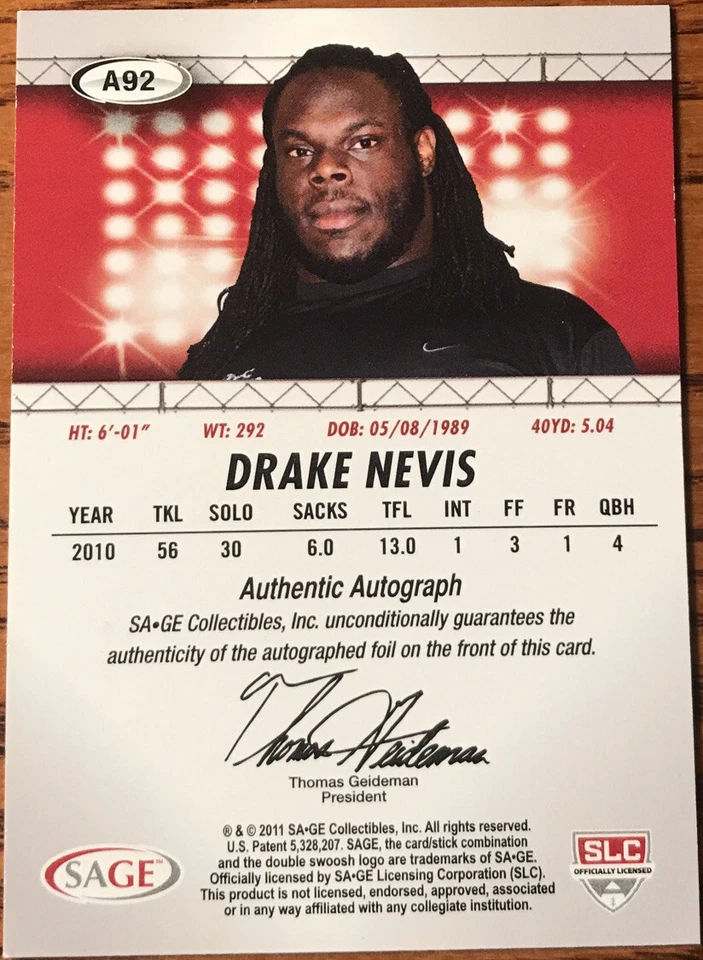 2011 SAGE HIT Autographs Drake Nevis #A92 - Image 2 of 2