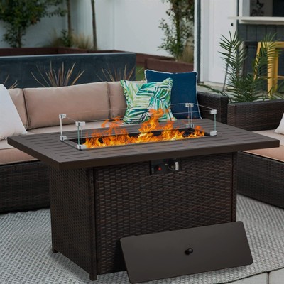 Propane Fire Pit Table 44'' 55000 BTU Outdoor Gas Fire Pit Rectangular Wind Guard