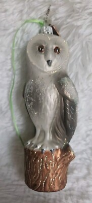 Large 7'' Barn Owl Glittered Christmas Tree Ornament Marked EC Made In Poland