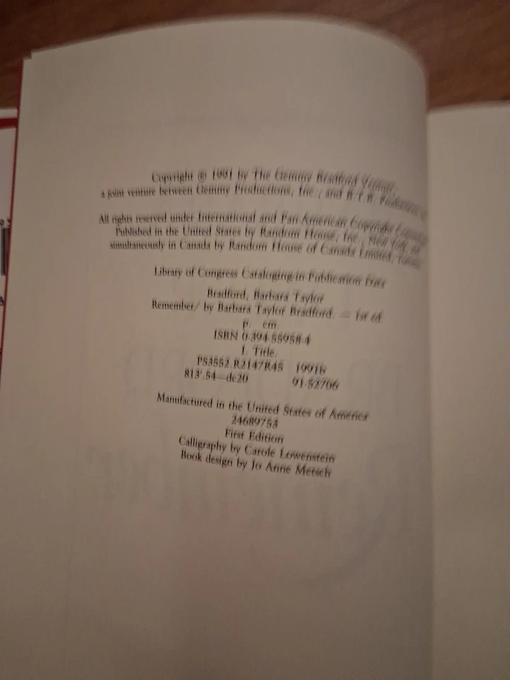 Remember by Barbara Taylor Bradford First Trade Edition1991 - Image 3 of 3