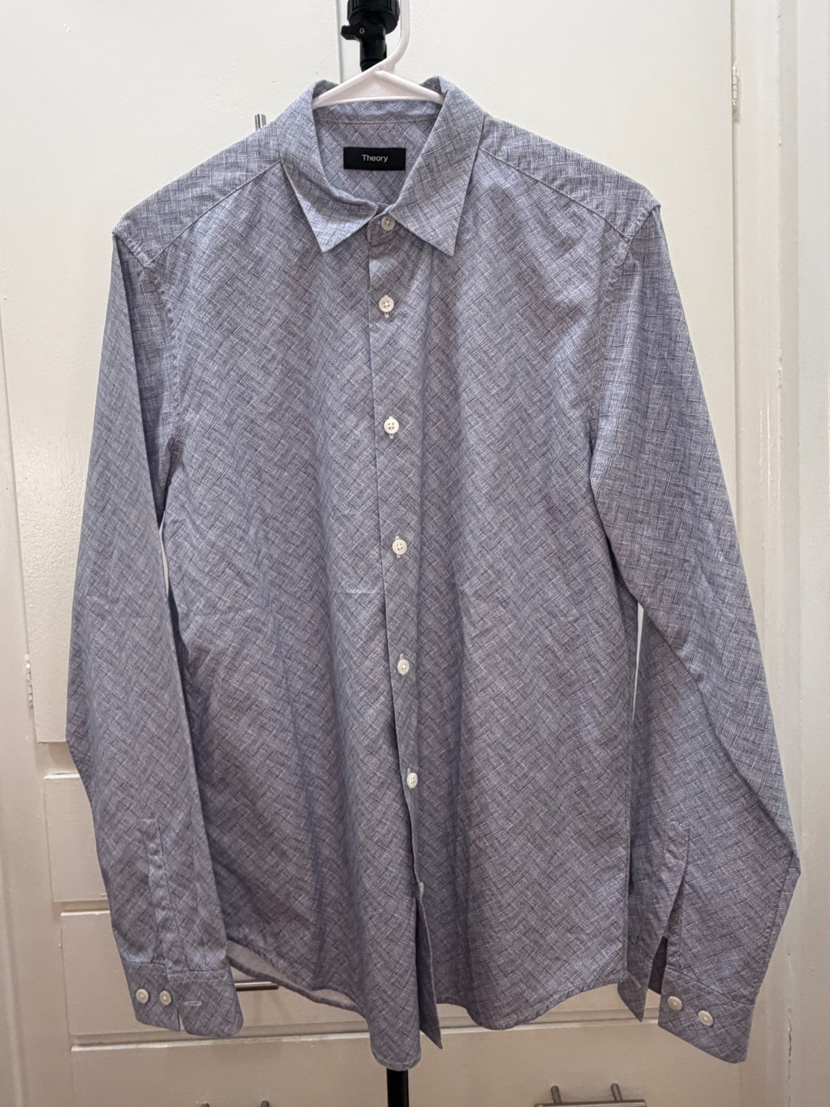 Theory Blue Micro-Pattern Button Down Shirt Long … - image 1
