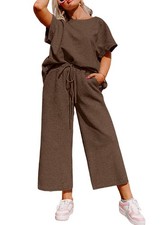 Womens Plus Size Two Pieces Sets Crewneck Short Sleeve Shirts High Waist Draw...