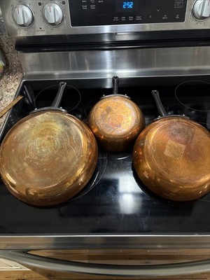 Baumalu 6.5  8   10  Inch Copper Pan Set W Iron Handle 3 Pans Rare Fast S/H