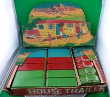 Vintage Ichimura Japan Complete Tin Friction Car/House Trailer Store Display NOS