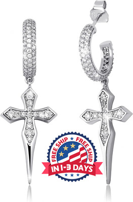 Aretes De Cruz Para Hombre De Aro De Cruzada Inoxidable CZ Stud 925 Plata Regalo