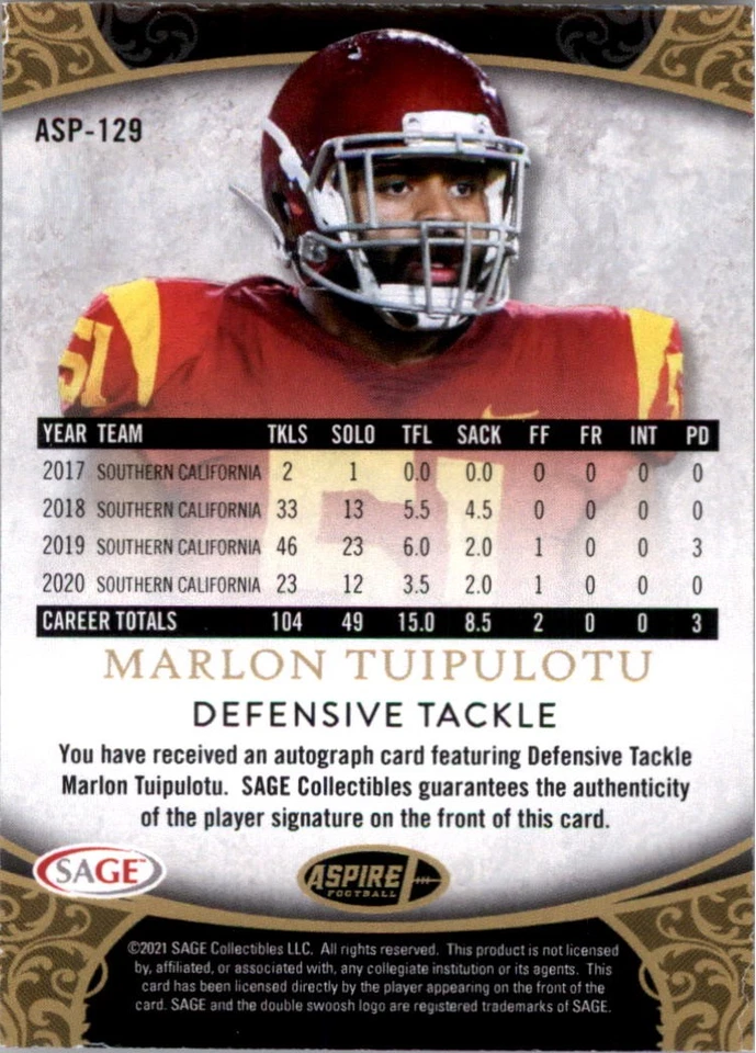 2021 SAGE Aspire Red #ASP129 Marlon Tuipulotu Auto - FB - Image 2 of 2