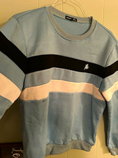 MANFINITY Men  s Crewneck Pullover Sweatshirt S Blue/Black/White Stripe Logo