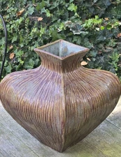 Unique Stylized Shape Clay Pottery Vase  10"Tby 7"W Signed Brown Tones