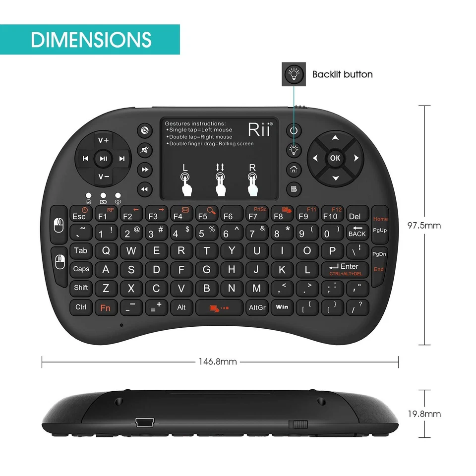 Rii 2.4GHz Mini Wireless Keyboard with Touchpad＆QWERTY Keyboard, Backlit Port... - Image 2 of 4