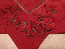 Burgundy Red Holiday xmas Velvet Trim Embroidered Tablecloth Heavy Cotton 60x100