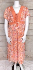 TORRID 2 Women's Lace Up Tea Length Dress Crinkle Gauze Floral Coral Dress EUC