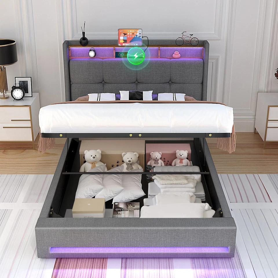 Polsterbett 90x200cm Doppelbett Stauraumbett Bettgestell mit USB/LED Lattenrost - Bild 3 von 4