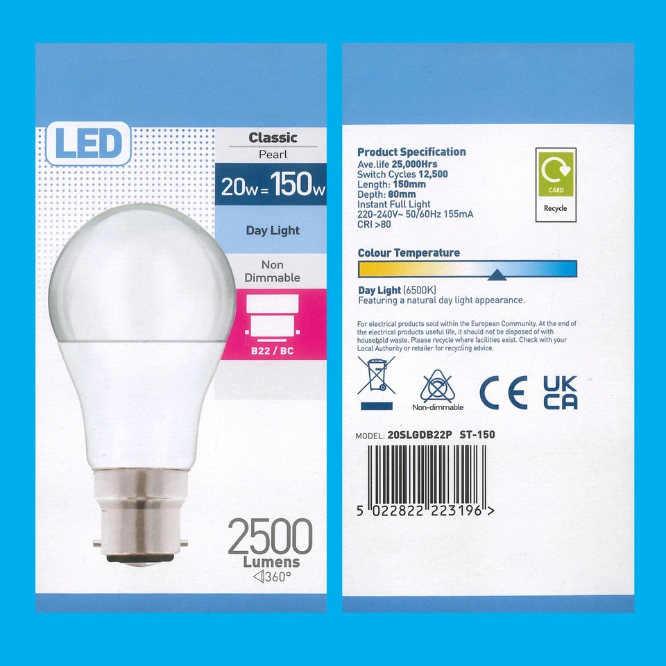 10x 20W =150W LED GLS Pearl Bayonet BC B22 Daylight White 6500K Light Bulb Lamp - Image 3 of 3
