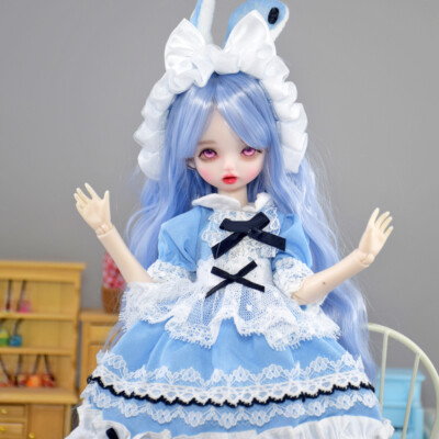 Cute BJD Doll Toy 12 inch Girl Body Doll w/ Blue Curly Wigs Dress Shoes Full Set
