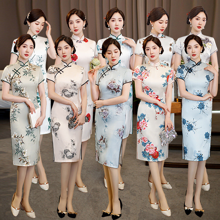 Spring/summer Women's Elegant Banquet Qipao Dress Knee Length Satin  Cheongsam