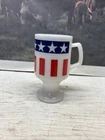 Milk Glass Coffee Mug 4th July USA Flag White Stars Stripes Blue Red Vintage Cup