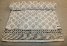 Indian Handmade Grey Kantha Cotton Quilt Bedding Bedspread Floral Print Blanket