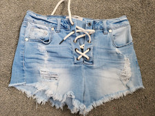 Women's Refuge Destructed Fray Cuff Light Faded Tie Denim Stretch Shorts Size 0