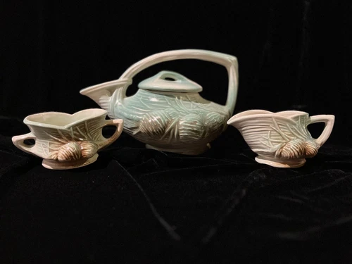 Vintage C.1946 McCoy Pottery Pine Cone Tea Set: Teapot, Creamer, and Sugar Bowl