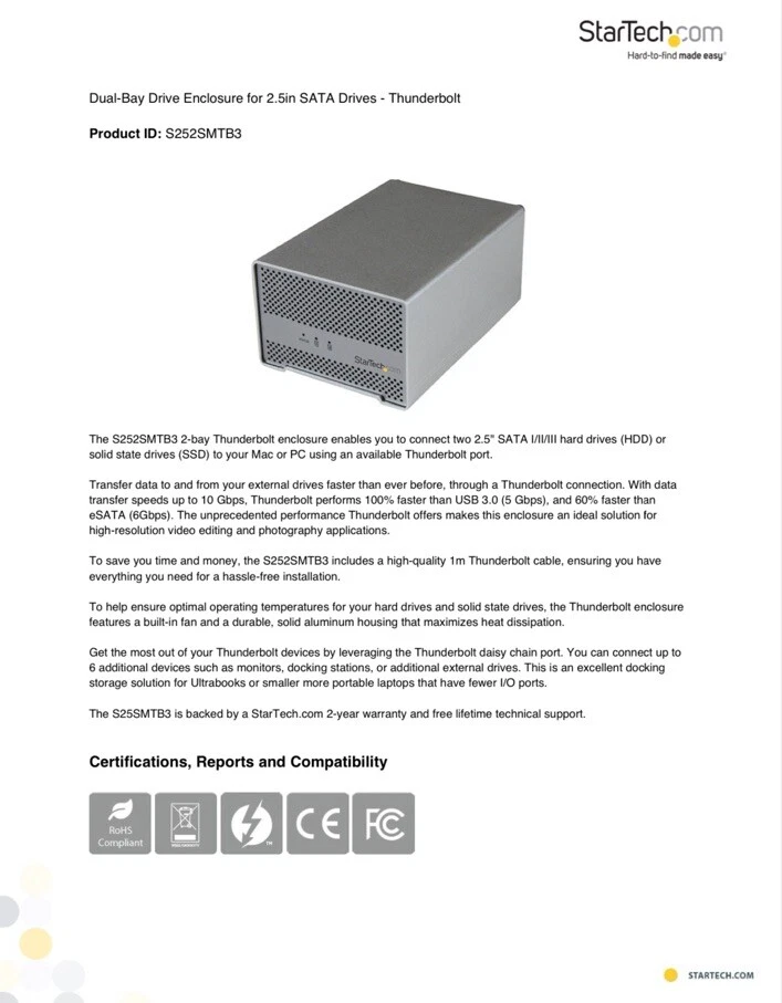 Startech ThunderBolt Dual 2.5in SATA SSD/HDD Enclosure Up To 12.5mm In Height - Image 4 of 4