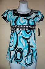 Amy's Closet S/S Babydoll Top Turquoise & Black M/10-12 NWT