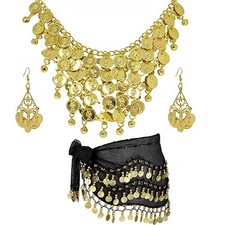 3 pcs Belly Dance Hip Scarf for Women Belly Dance Gold Sequins Head Chain Coins