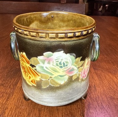 4'' Vintage Czechoslovakia Footed Planter Pot Fixed Ring Handle Rose Flower