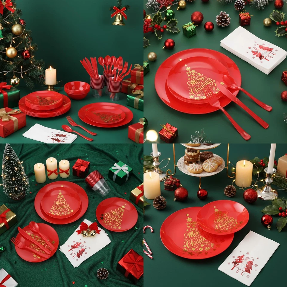 Рождественский пластиковый набор столовой посуды, рождественские одноразовые тарелки включают 40 обеденных P... - Изображение 4 из 4