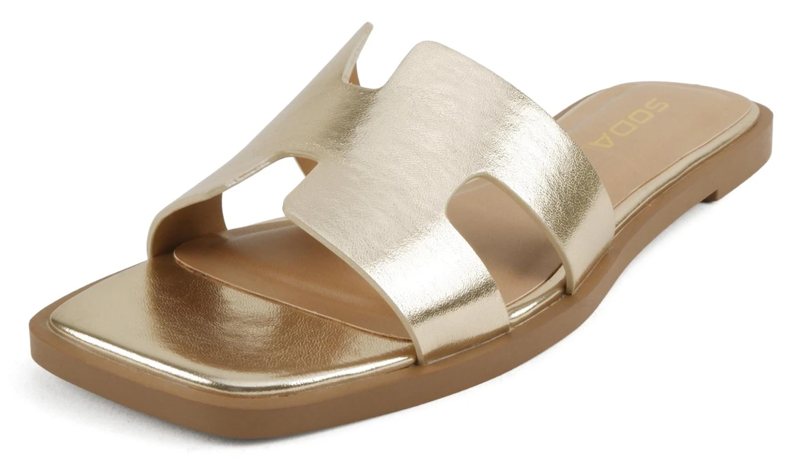 Soda Women Slip-On Sandals H-Band Flat Flip-Flops Slides Square Toe KNIT-S Gold