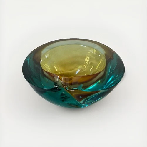 Vintage Murano Turquoise Amber Art Glass Ashtray Candy Dish Mid-Century Modern