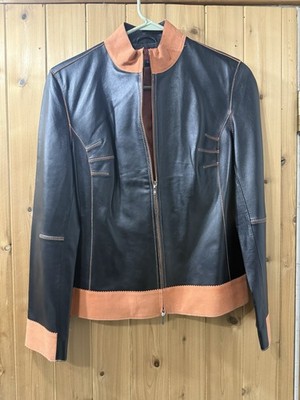 Nicola Berti Women's Leather Blazer Jacket Size Small Black & Salmon Pink