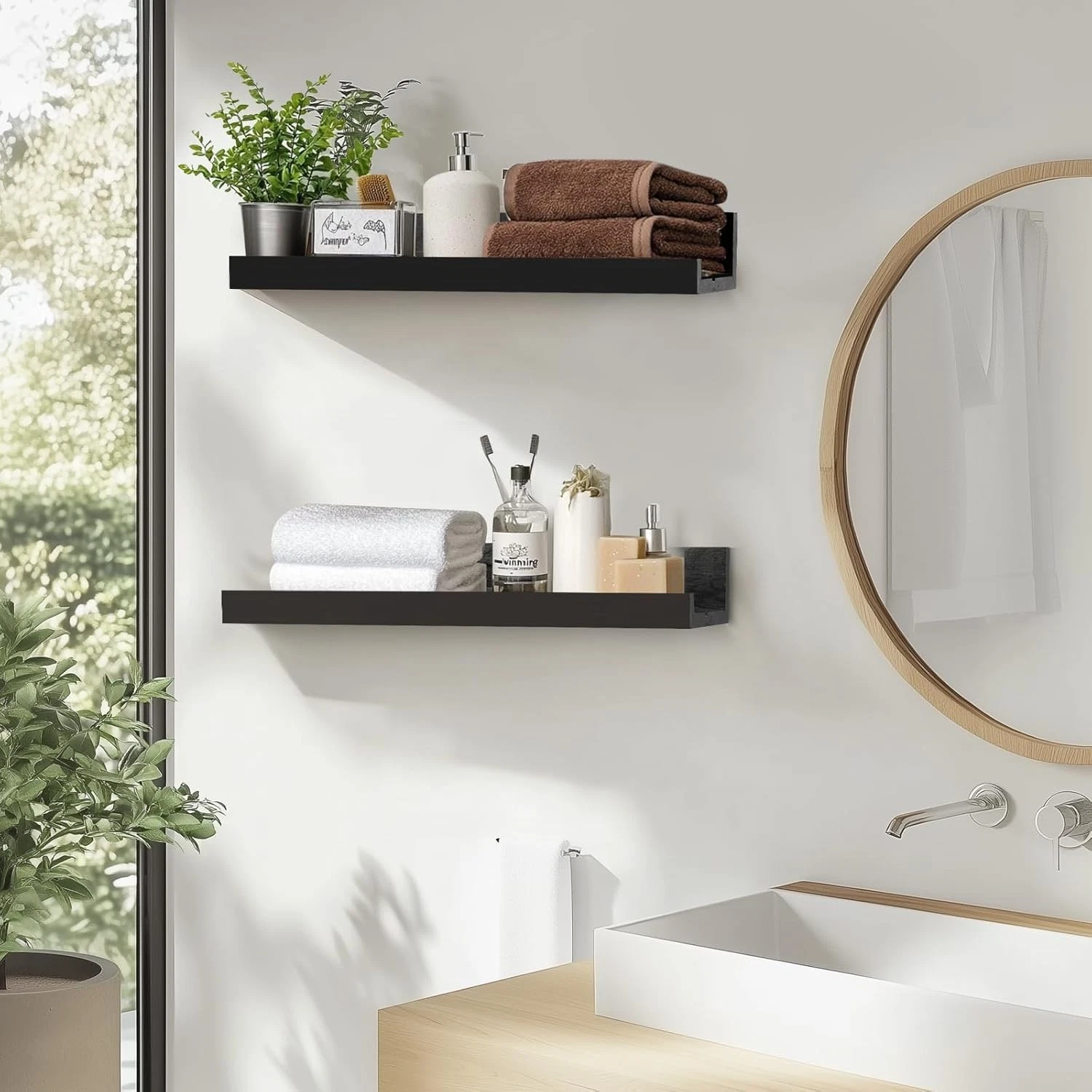 NEW Small Floating Wall Ledge Shelves with Lip - Set of 2 Wood Floating Shelves