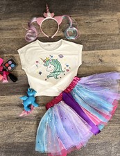 Unicorn Girls Tulle Tutu Rainbow SKIRT SHIRT HEADBAND Fantasy Play Set size 5