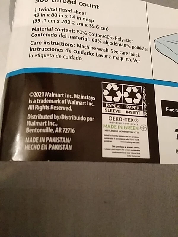 Sábana bajera Mainstays gris Twin XL solo 39" x 80" x 14" algodón profundo poliéster Foto 3 de 4