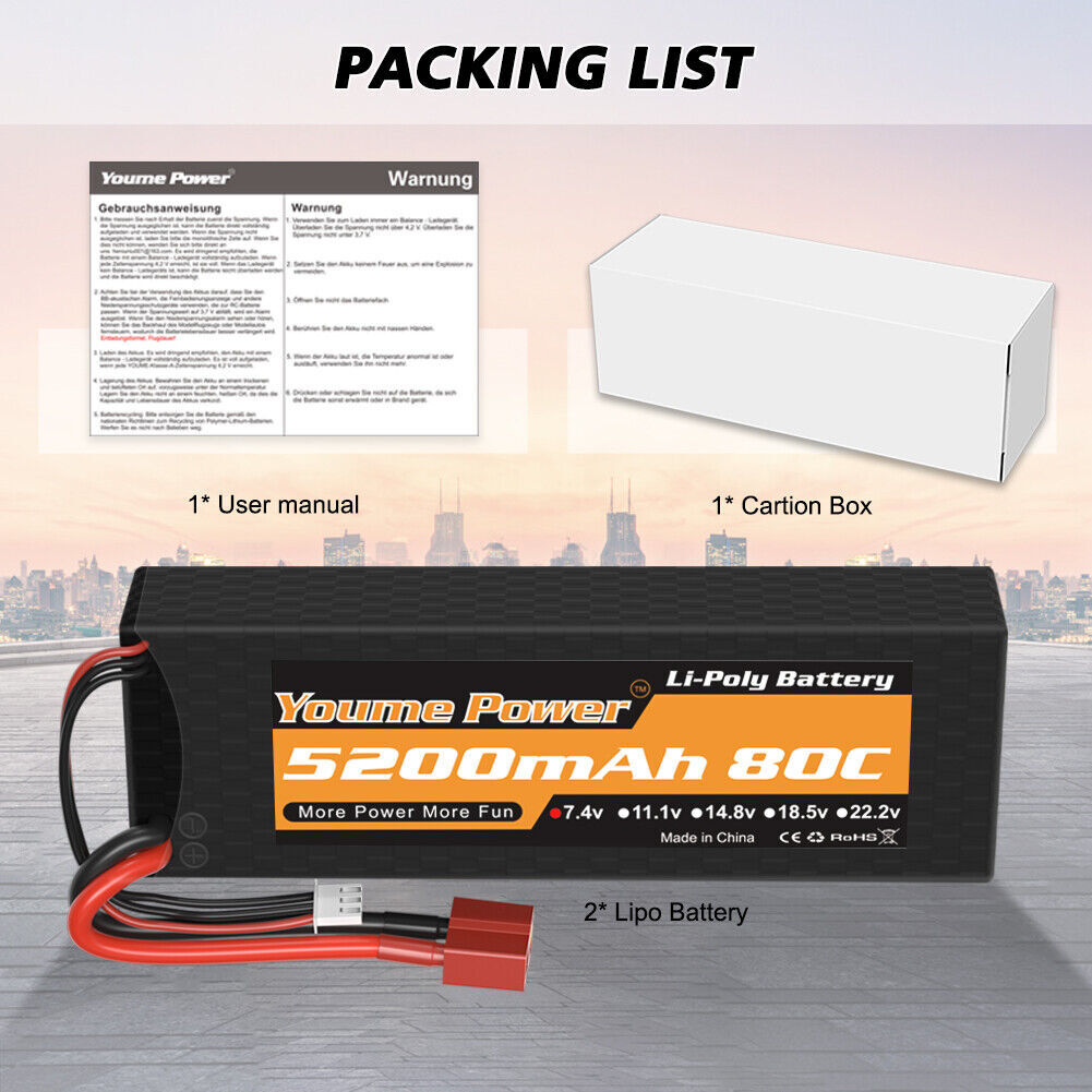 2x 2S 7.4V 5200mAh 80C LiPo Battery Deans Hardcase for RC Car Truck Buggy Boat