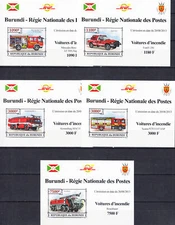 W BURUNDI 1399a-d+1424 DLv FIRE TRUCKS DE LUXE IMPERFORATED SOUVENIR SHEETS