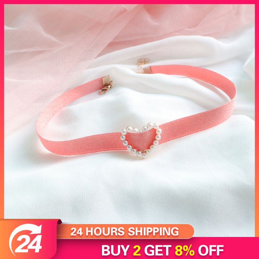 Pink Lace Pearl Necklace Pink Heart Pendant Neck Chain Choker Collar Necklace Sh