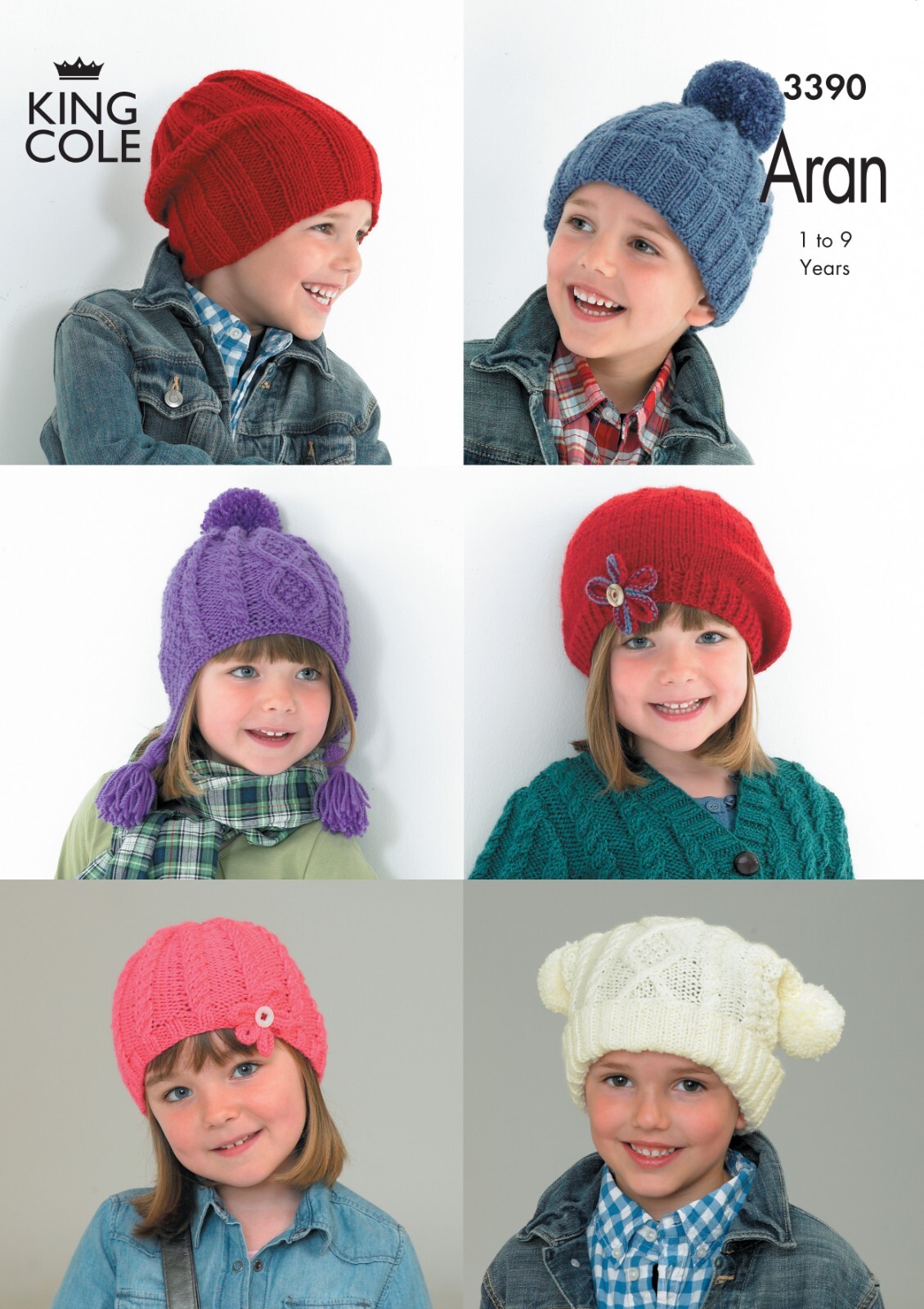 King Cole Aran Knitting Pattern - 3390 Children's Hats