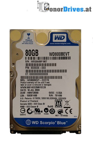 Western Digital WD800BEVT-22ZCT0- 80GB - SATA - 2060-701499-005 Rev. P1*
