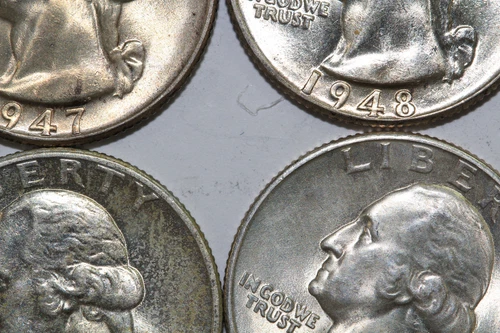 1940-S, 1943-P, 1947-P, 1948-D Washington 90% Silver Quarter G, AU, MS (NUM7755)