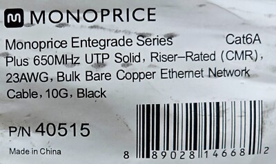 Monoprice 23/4P Entegrade Cat6A+ UTP 650MHz 10G Network Cable CMR Black /50ft