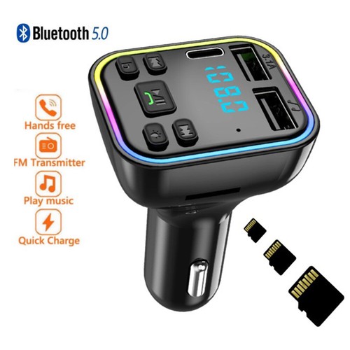 Transmetteur FM Bluetooth 5.0 Pour Voiture - Avec Chargeur QC3.0 Double Port USB - Mains Libres, Radio, Lumière LED - Compatible Tous Téléphones - 7