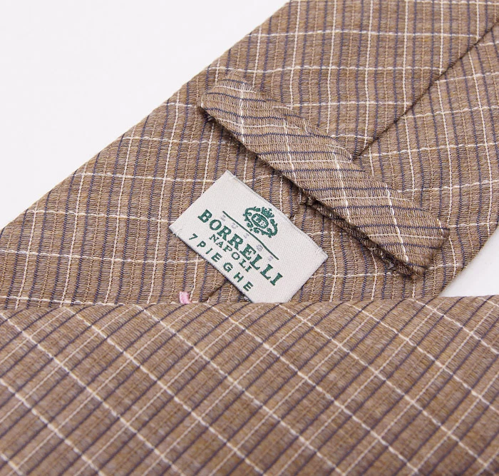 New $225 BORRELLI NAPOLI 7-Fold Silk Tie Light Brown-Slate Blue Woven Check - Image 3 of 4