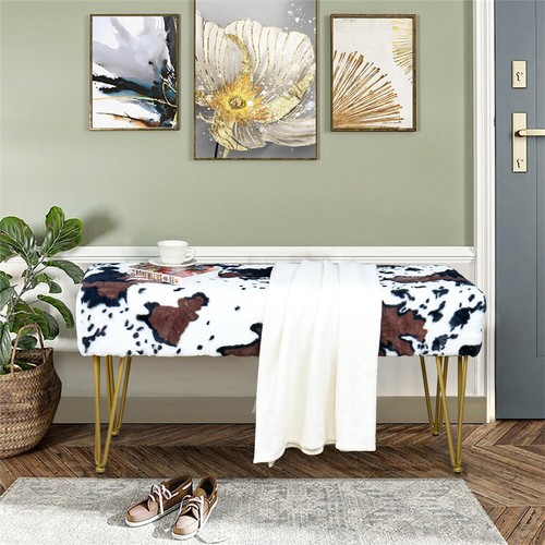 Cow Print Faux Fur Vanity Stool Foot Rest Ottoman with Gold Legs for Home Office - Picture 82 of 84