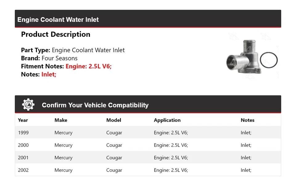 适用于 1999 - 2002 年 Mercury Cougar 2.5 升 V6 发动机冷却水进水口 4 季 2000 — 第 2/4 张图片