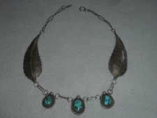 VINTAGE STERLING SILVER TURQUOISE ANNIE CHAPO FEATHER CHOKER NECKLACE 42.1 G   